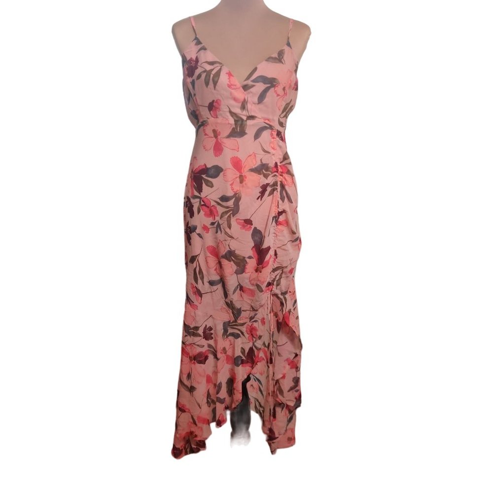 Fashion Nova Womens Pink Floral Maxi Sexy Ruched Leg Ruffle Barbiecore sz L NWT